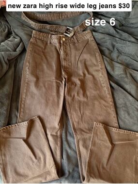 zara brown high rise wide leg jeans + denim belt size 6